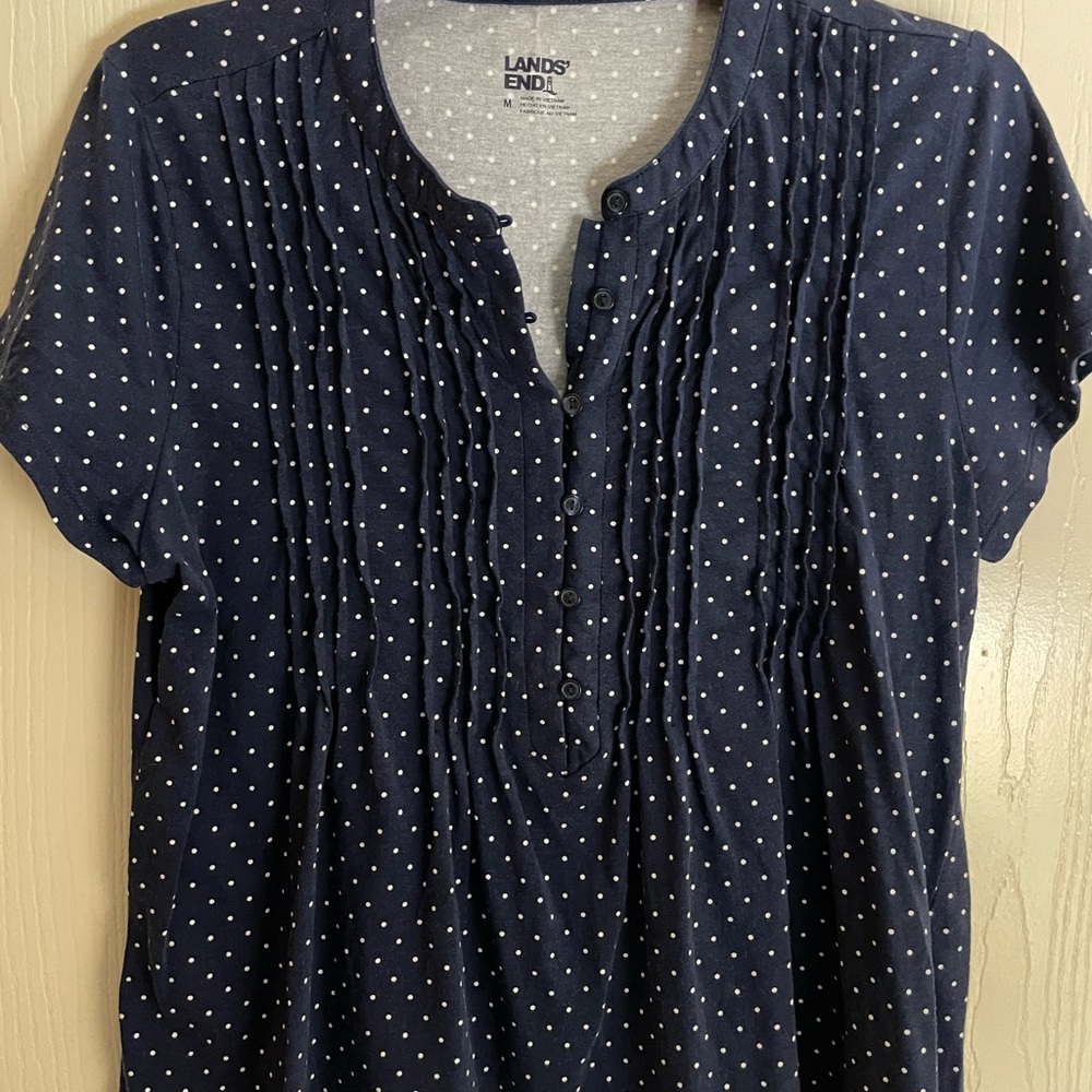 Lands' End Dark Blue Polka Dot Blouse